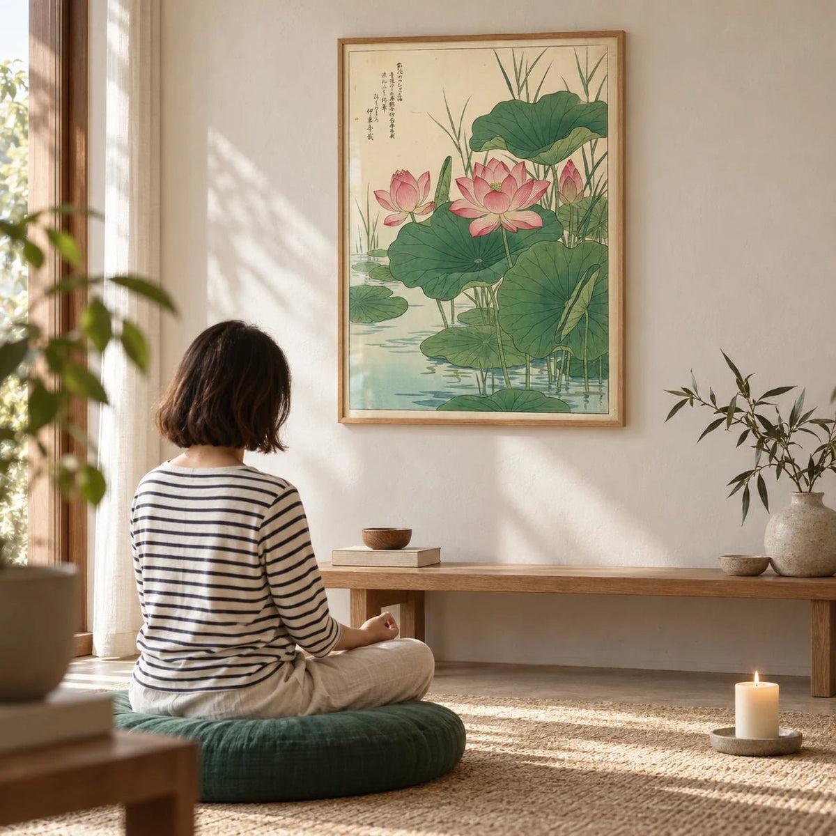 Lotus Flower Print, framed on the wall of a calm meditation corner with pale plaster walls in a living room