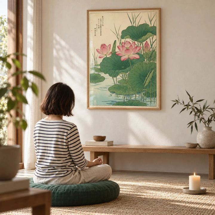 Lotus Flower Print, framed on the wall of a calm meditation corner with pale plaster walls in a living room