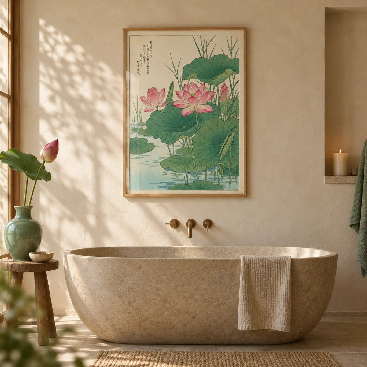 Lotus Flower Print, framed on the wall of a calm spa bathroom with warm plaster walls and a freestanding stone bath