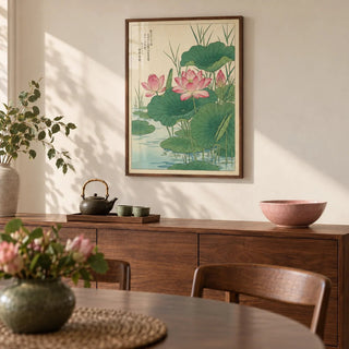 Lotus Flower Print, framed on the wall of a quiet dining room with a warm white wall