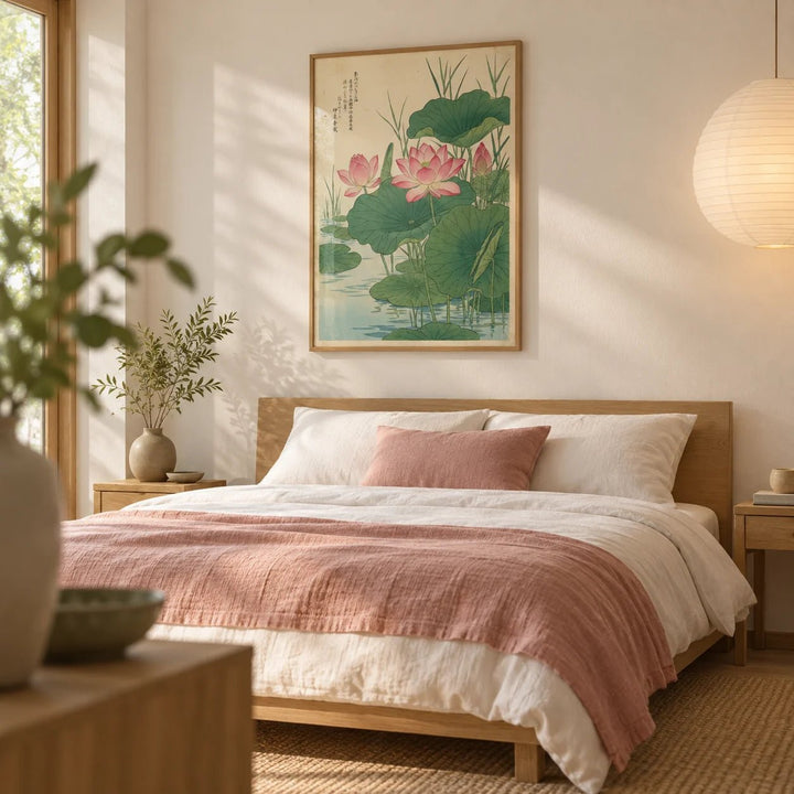 Lotus Flower Print, framed on the wall of a serene Japandi bedroom with a pale cream wall
