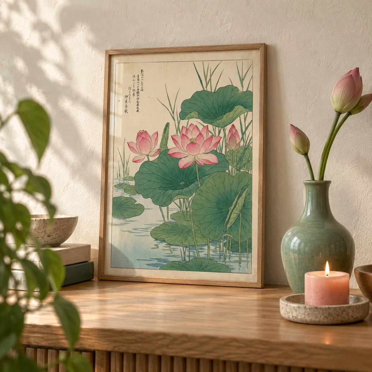 Lotus Flower Print, a small A4 framed print leaning on an oak shelf in a living room