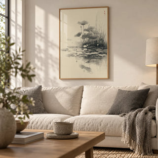 Lotus Flower Wall Art, framed on the wall of a calm living room