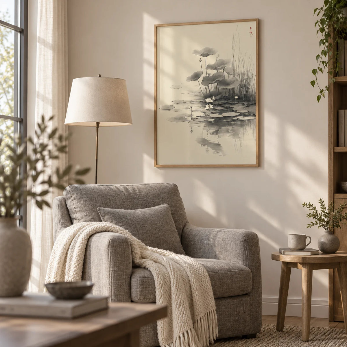 Lotus Flower Wall Art, framed on the wall of a calm reading corner in a living room