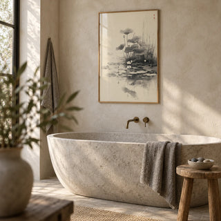 Lotus Flower Wall Art, framed on the wall of a calm spa bathroom