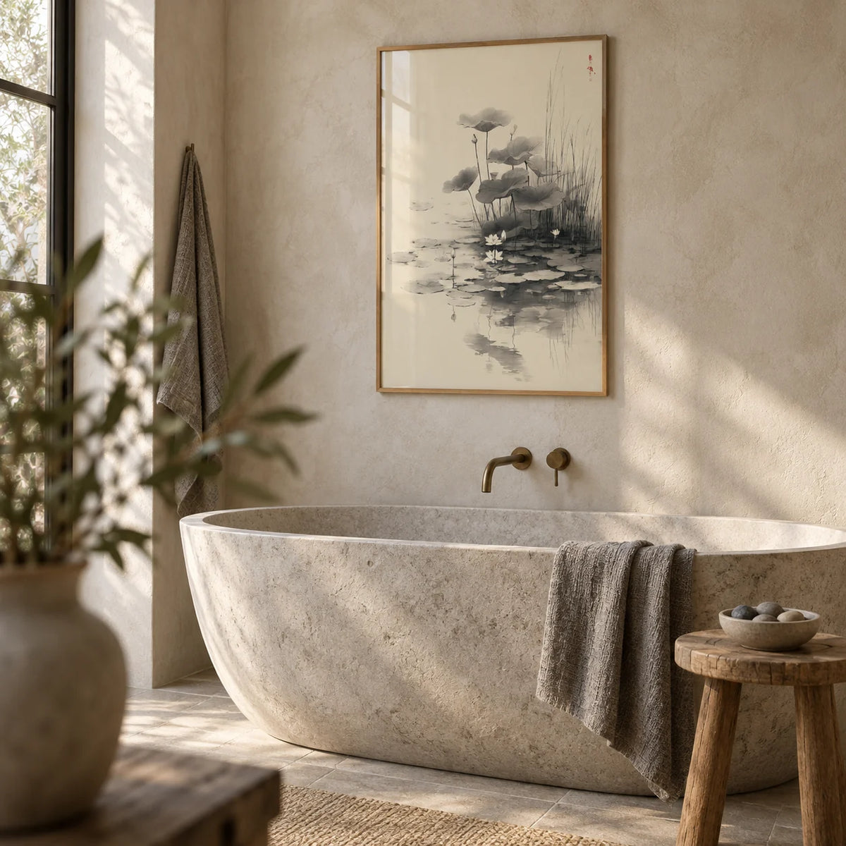 Lotus Flower Wall Art, framed on the wall of a calm spa bathroom