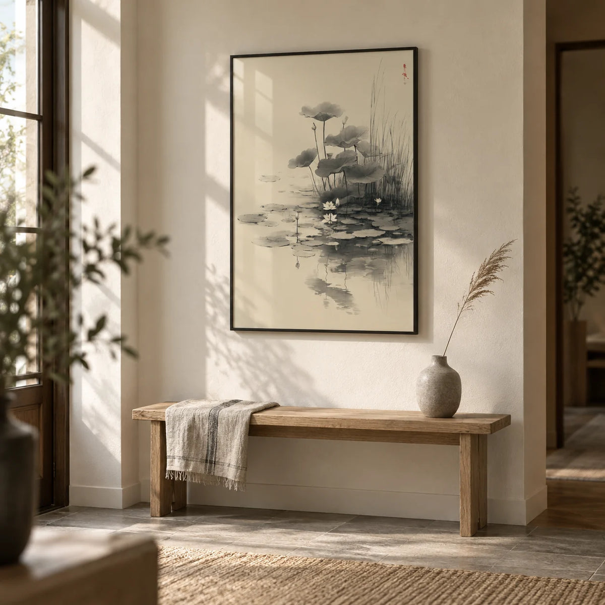 Lotus Flower Wall Art, framed on the wall of a quiet entryway