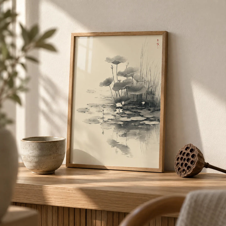 Lotus Flower Wall Art, a small A4 framed print leaning on an oak shelf in a living room