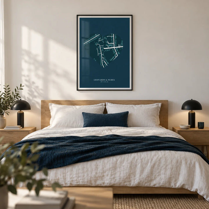 Love Map Poster, framed on the wall of a calm couple's bedroom with a soft white wall
