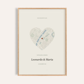 Love Map Poster personalised print, shown framed in natural wood