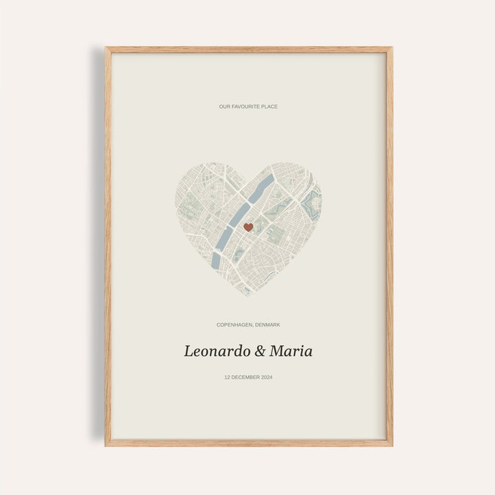 Love Map Poster personalised print, shown framed in natural wood