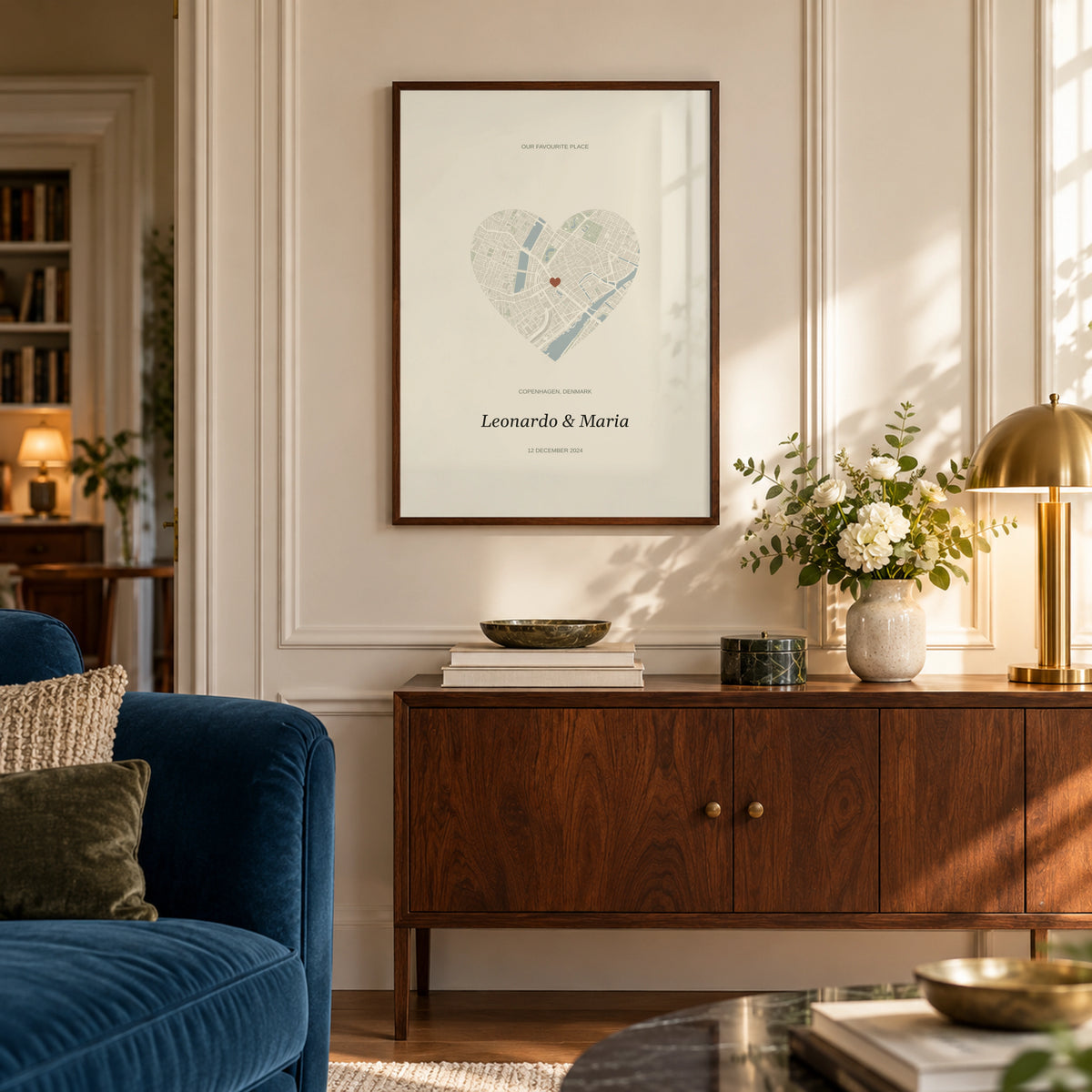 Love Map Poster in a townhouse living room, dark wood frame