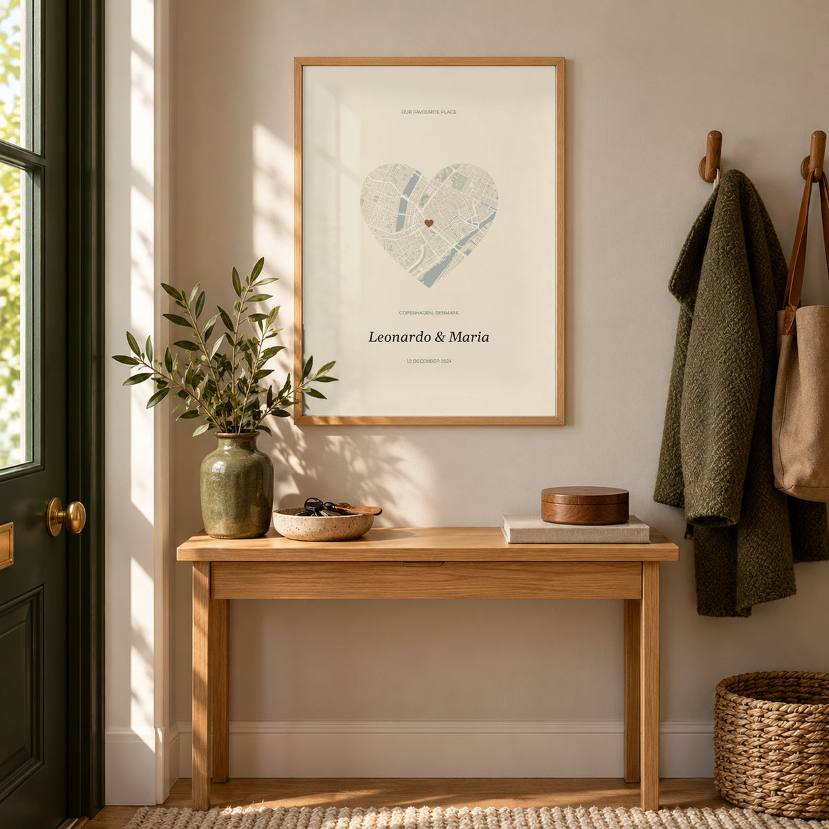 Love Map Poster in a welcoming hallway, natural wood frame