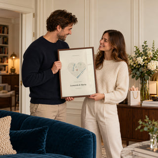 Love Map Poster in a anniversary gifting moment, dark wood frame