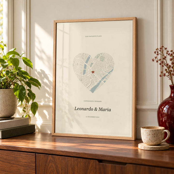 Love Map Poster in a styled frame detail, natural wood frame