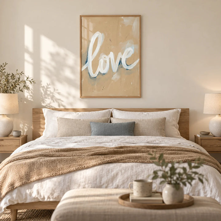 Love Wall Art, framed on the wall of a calm couple's bedroom with a warm white wall