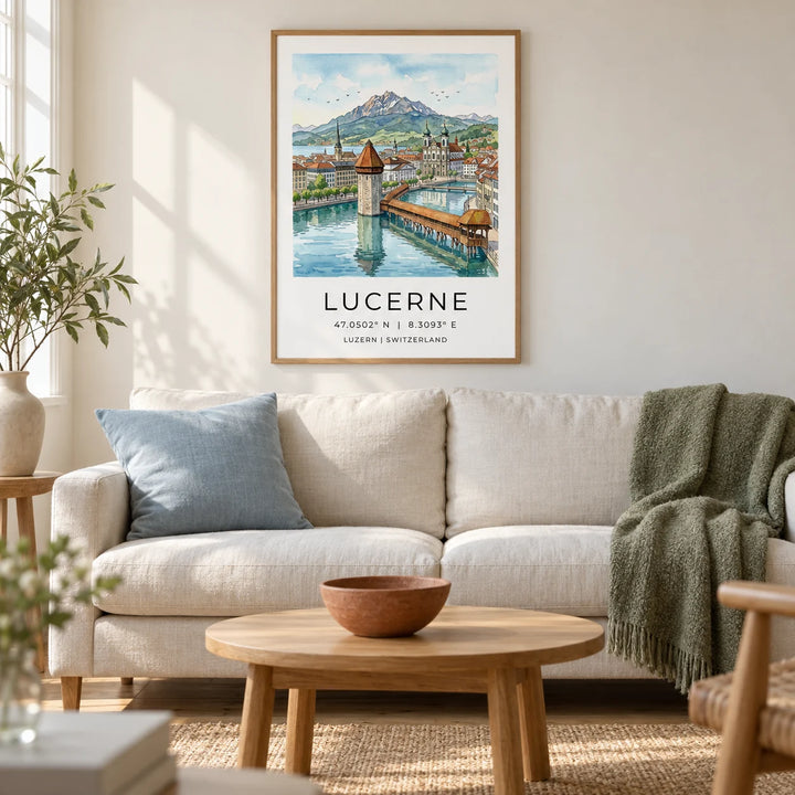Lucerne Watercolor Art Print, framed on the wall of a calm Scandi living room in a UK terraced house with warm white plaster walls and pale oak floorboards