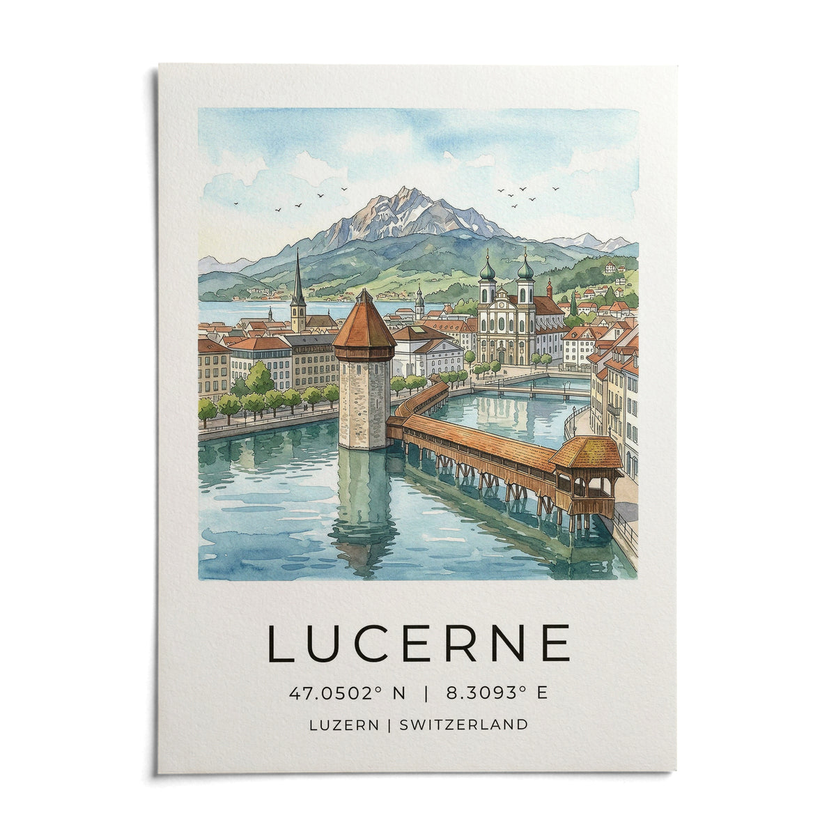Lucerne Watercolor Art Print, shown as an unframed paper print on a plain white background