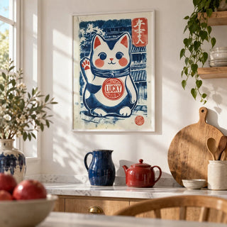 Lucky Cat Charm, framed on the wall of a bright kitchen