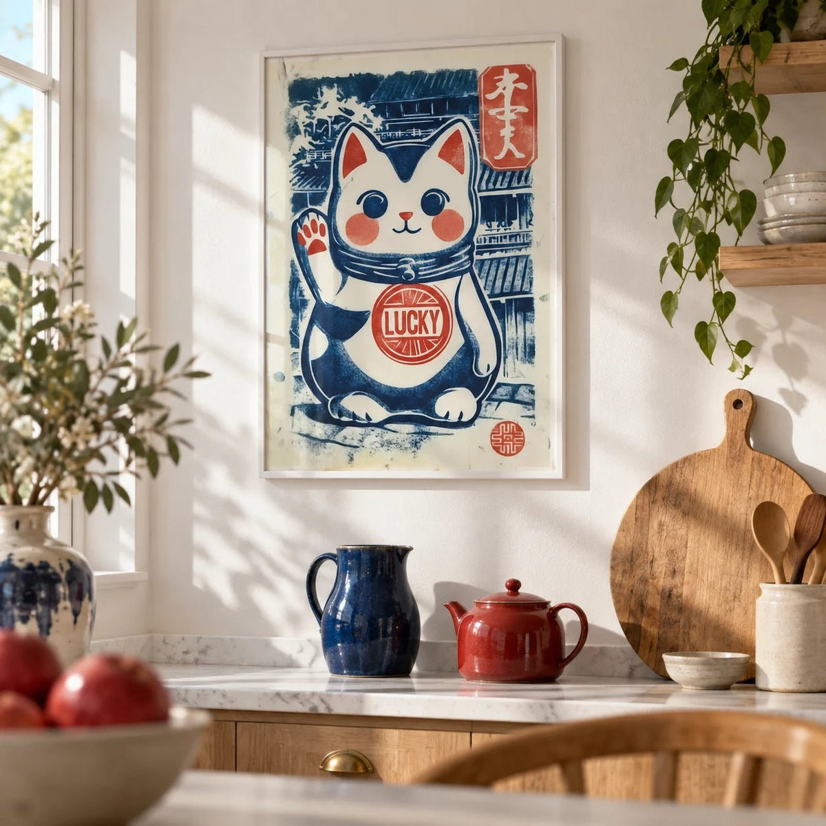 Lucky Cat Charm, framed on the wall of a bright kitchen