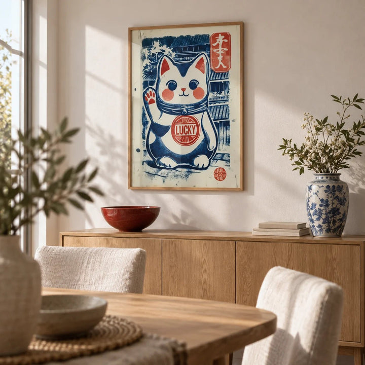 Lucky Cat Charm, framed on the wall of a calm dining room