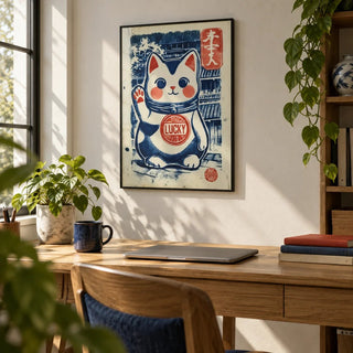 Lucky Cat Charm, framed on the wall of a home office