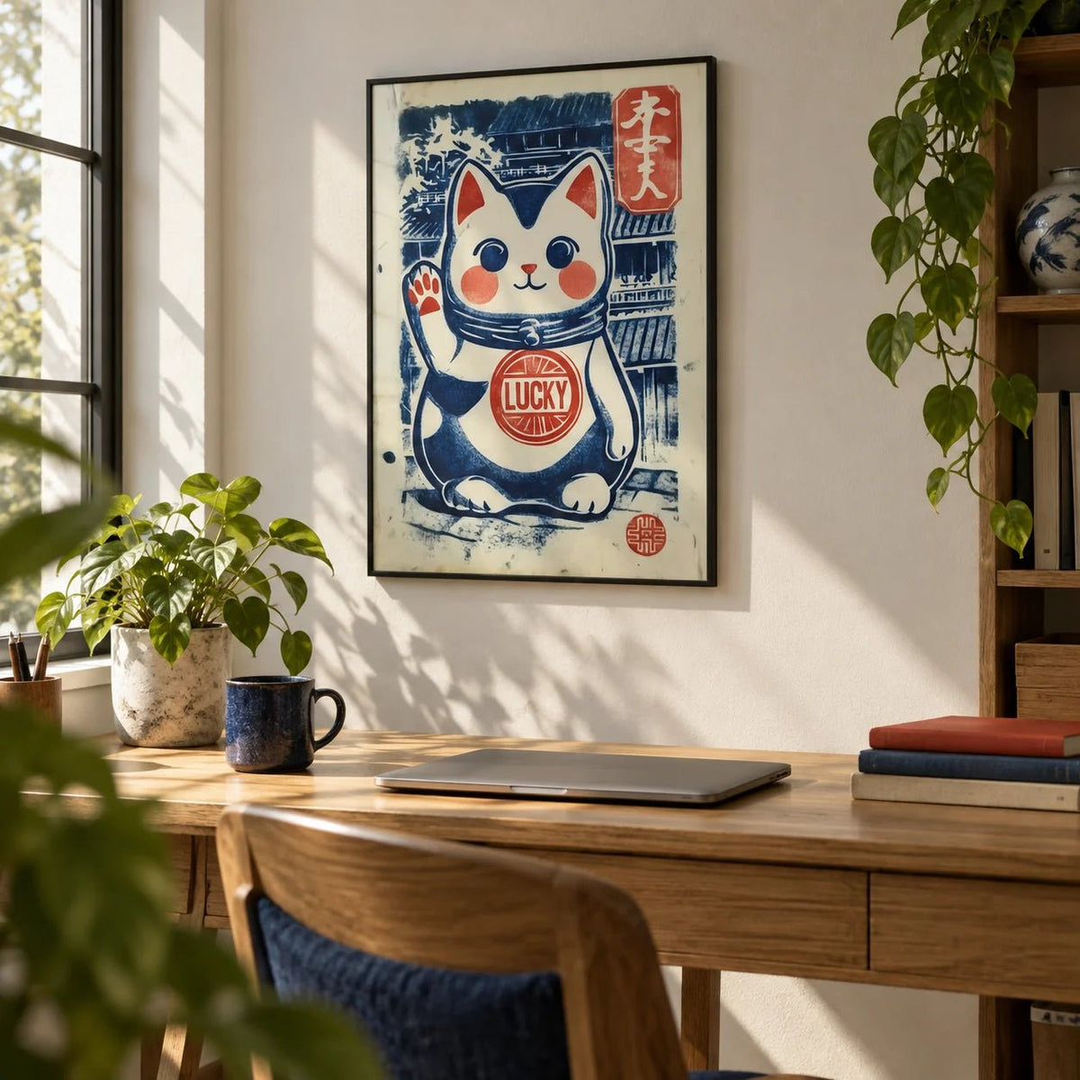Lucky Cat Charm, framed on the wall of a home office