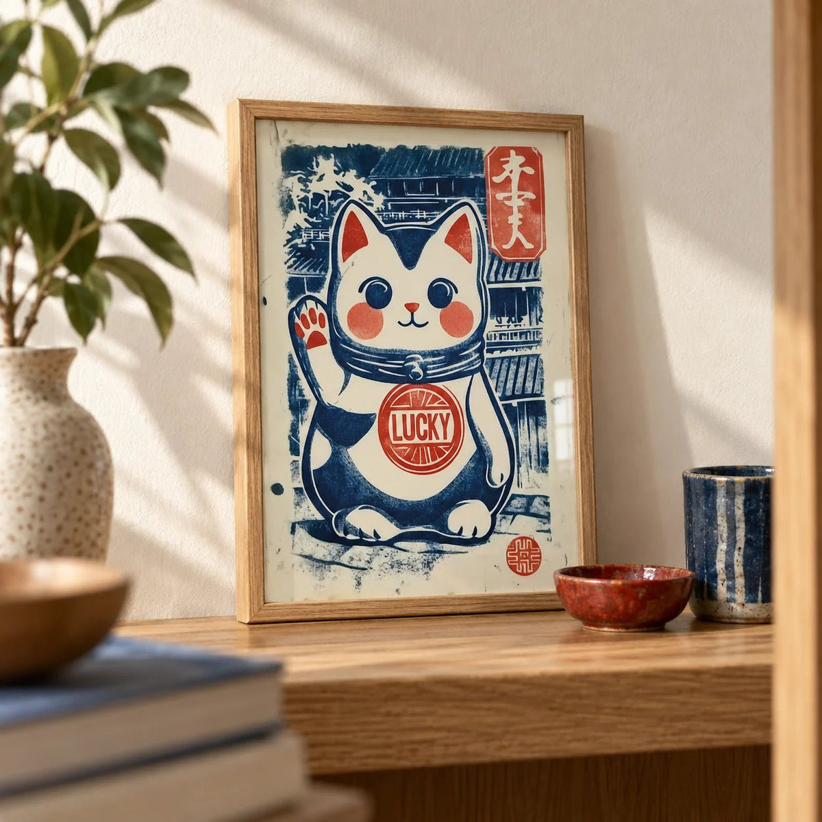 Lucky Cat Charm, a small A4 framed print leaning on an oak shelf in a living room