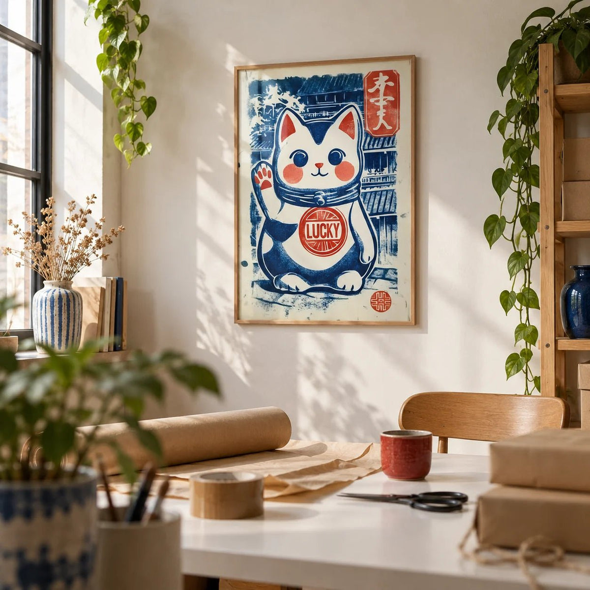 Lucky Cat Charm, framed on the wall of a small business studio in a home office