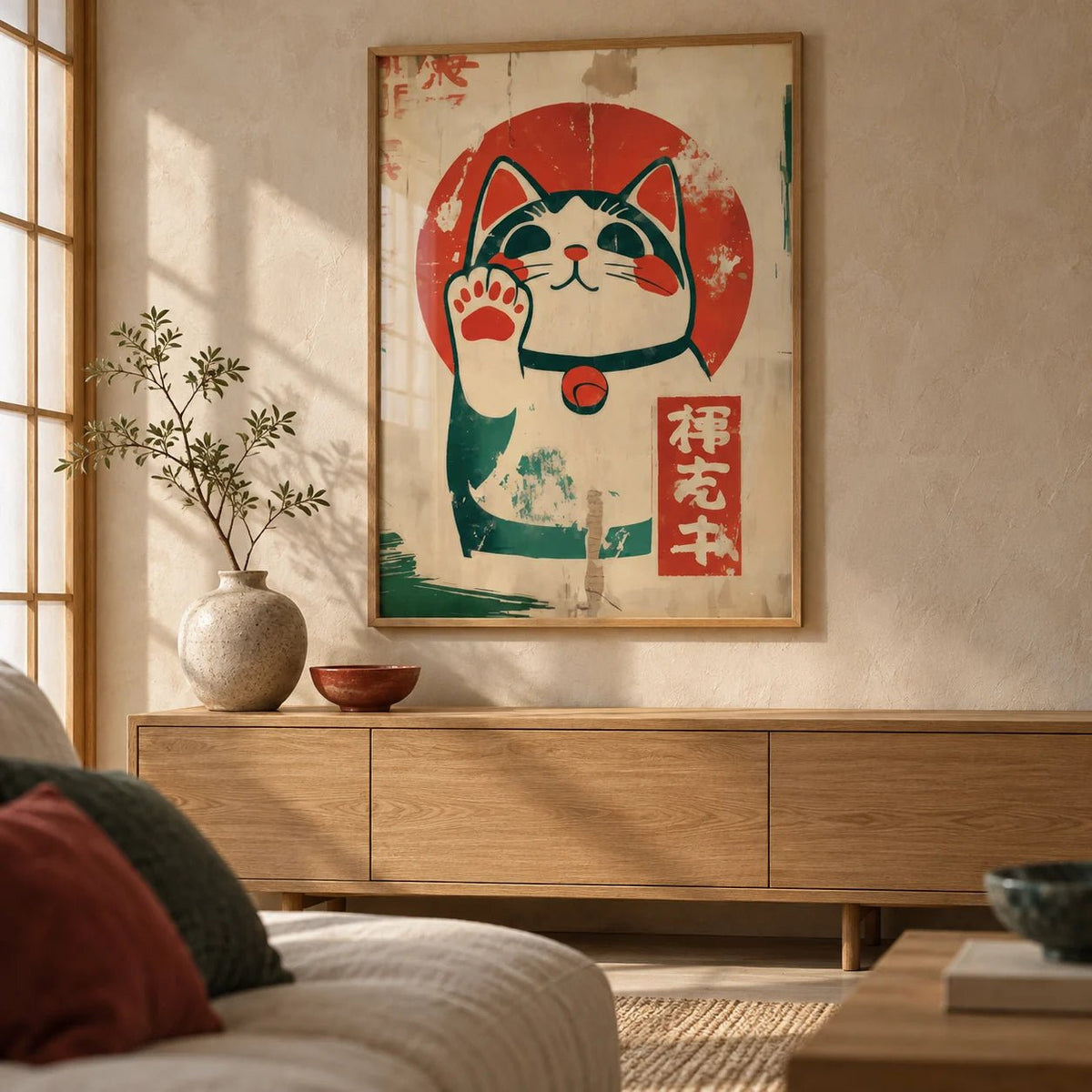 Lucky Cat Maneki-Neko, framed on the wall of a calm Japandi living room
