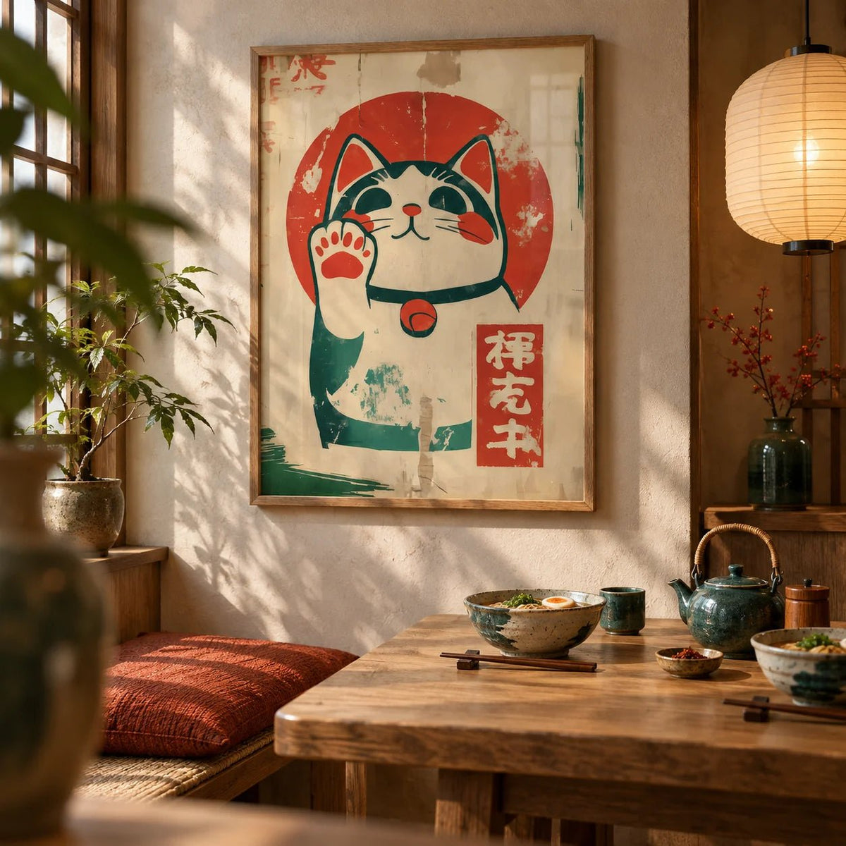 Lucky Cat Maneki-Neko, framed on the wall of a Japanese-inspired dining nook