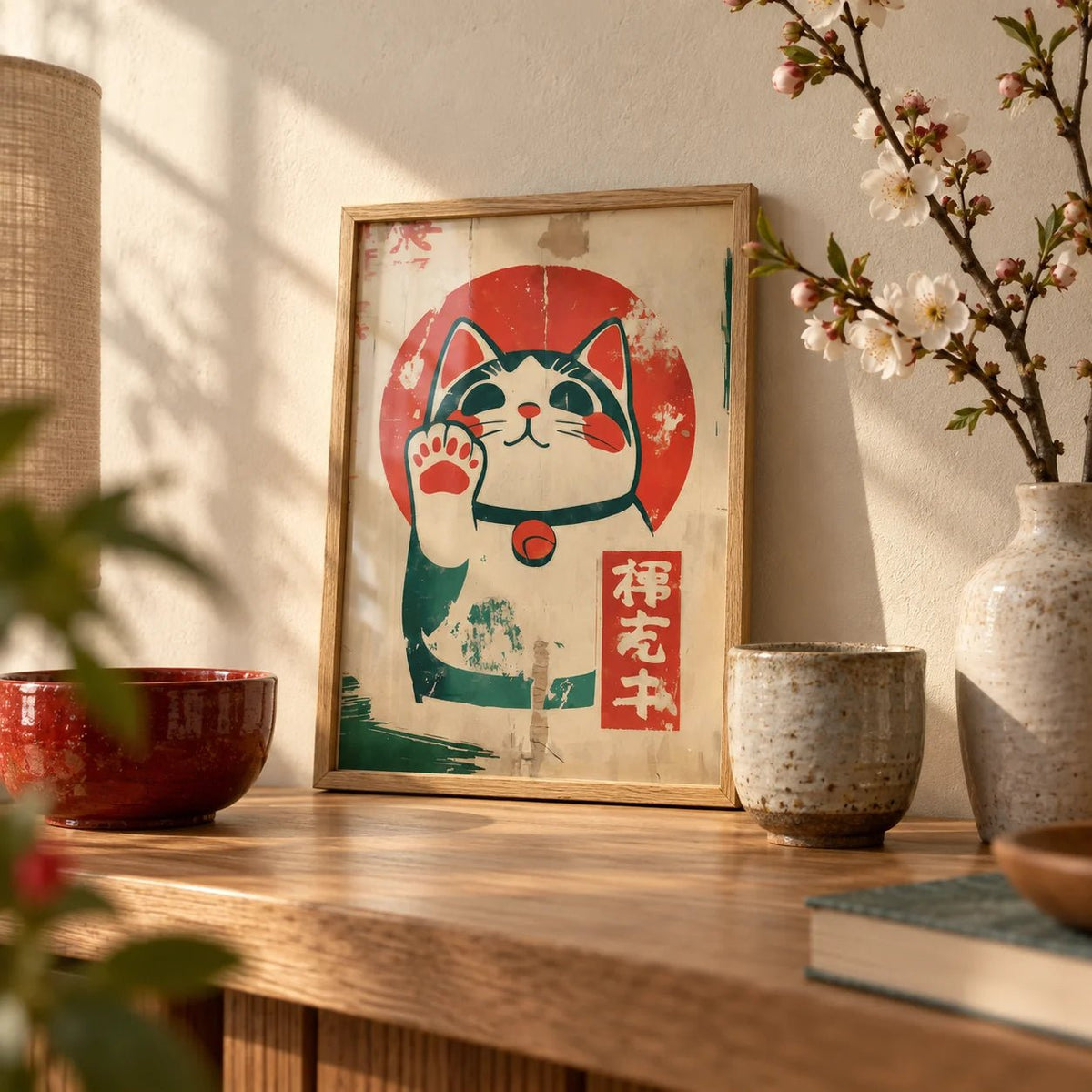 Lucky Cat Maneki-Neko, a small A4 framed print leaning on an oak shelf in a living room