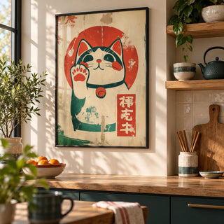Lucky Cat Maneki-Neko, framed on the wall of a warm modern kitchen