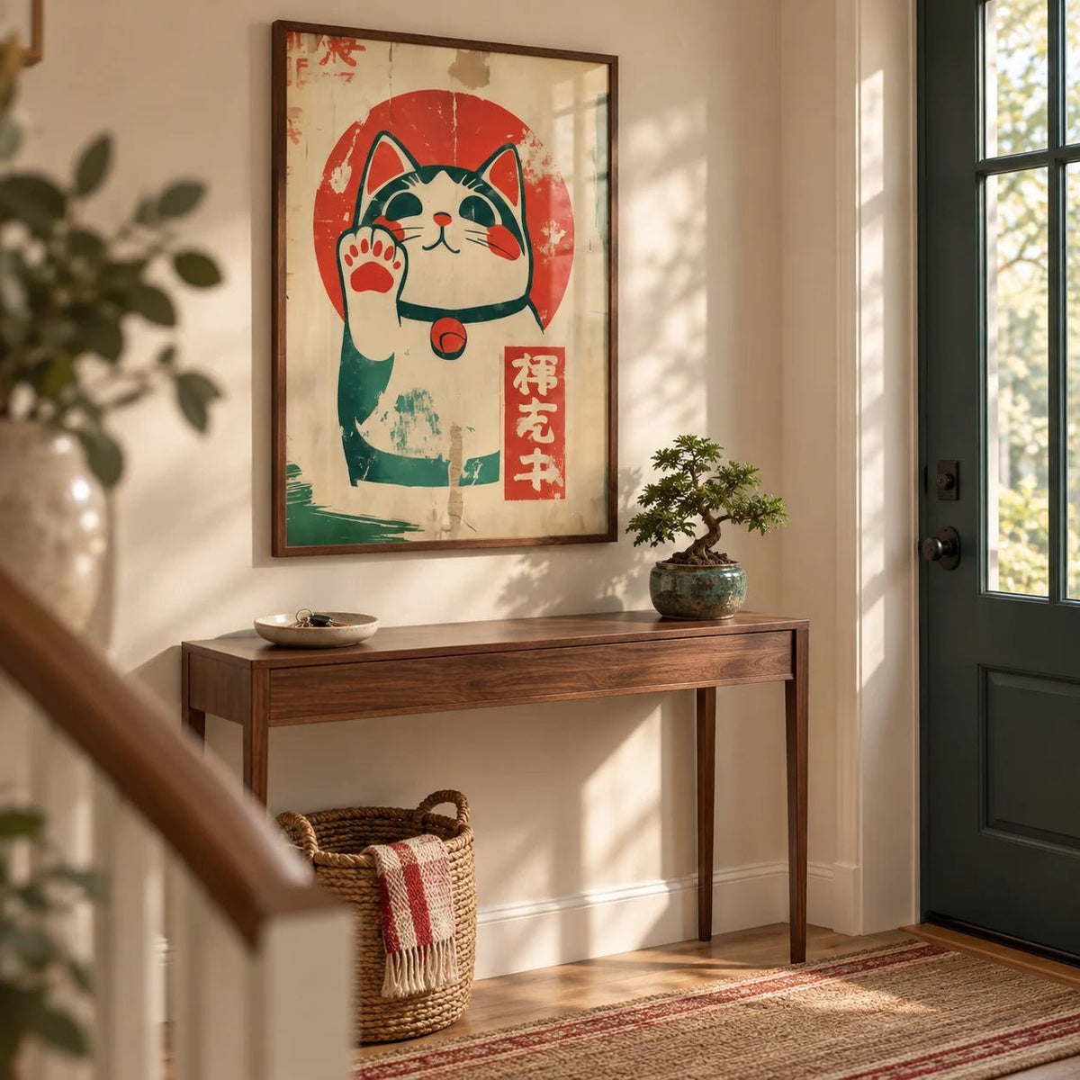 Lucky Cat Maneki-Neko, framed on the wall of a welcoming hallway by the front door