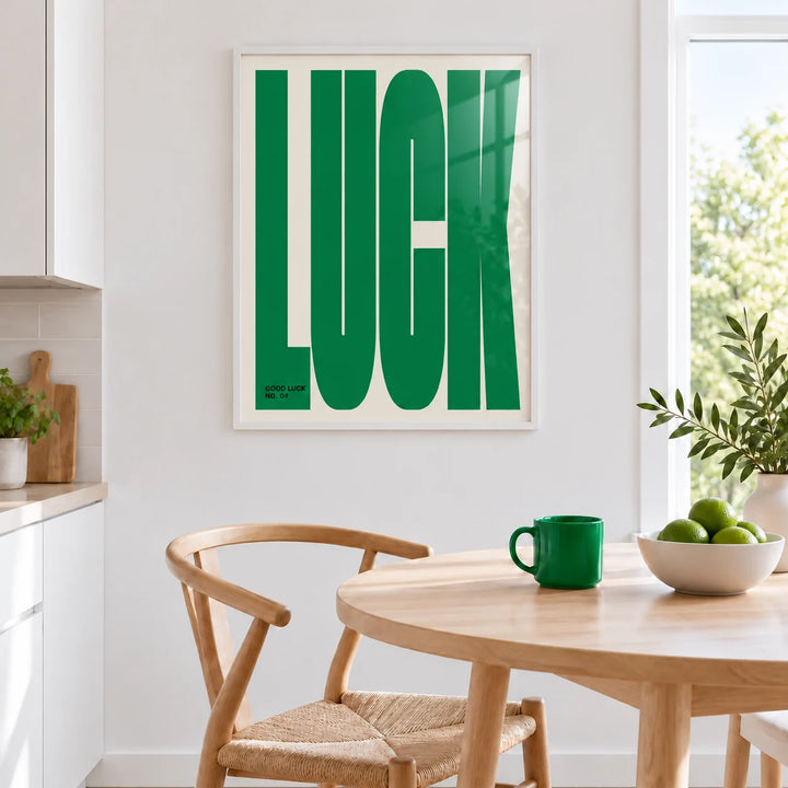 Lucky Gifts, framed on the wall of a bright kitchen nook