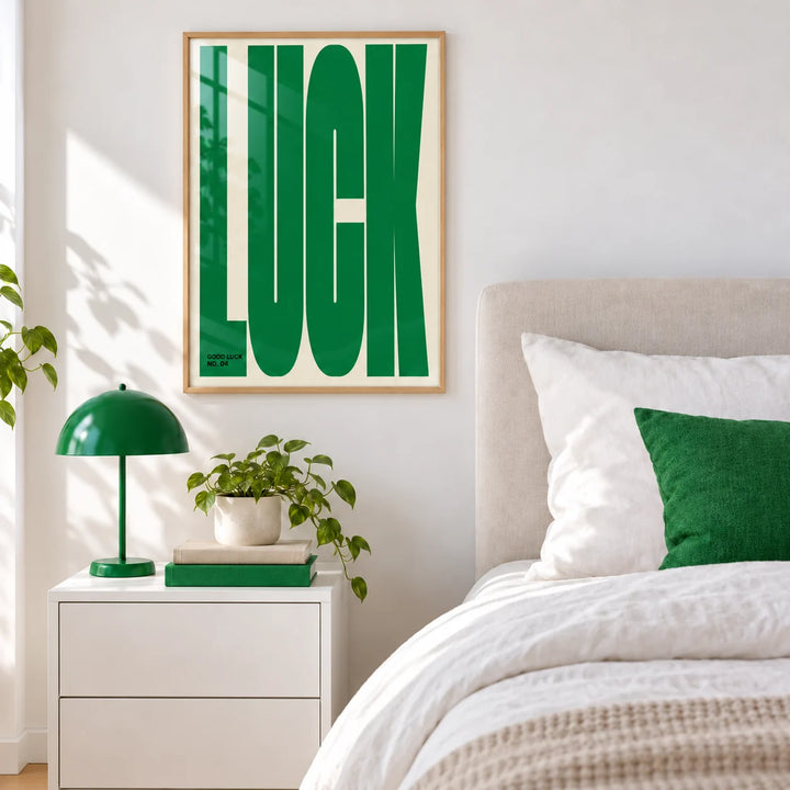 Lucky Gifts, framed on the wall of a calm modern bedroom