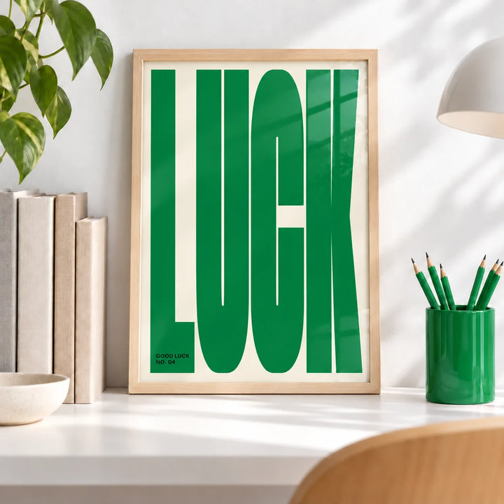 Lucky Gifts, a small A4 framed print leaning on a white desk