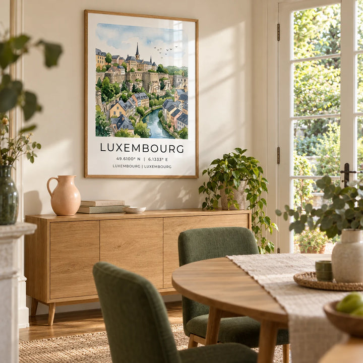 Luxembourg City Wall Art, framed on the wall of a bright dining room in a UK garden flat with a warm cream wall and glazed doors opening onto greenery