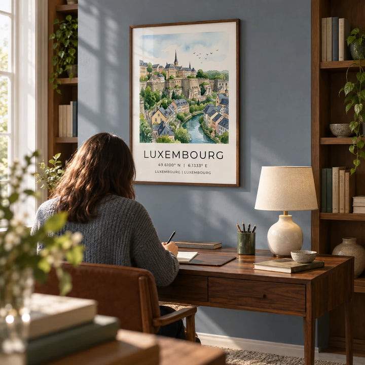 Luxembourg City Wall Art, framed on the wall of a quiet home study in a UK townhouse with a muted blue-grey wall and built-in oak shelves holding a few plain books