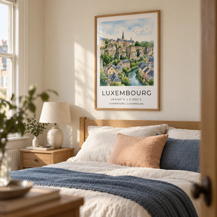 Luxembourg City Wall Art, framed on the wall of a restful bedroom in a UK terraced home with a warm off-white wall