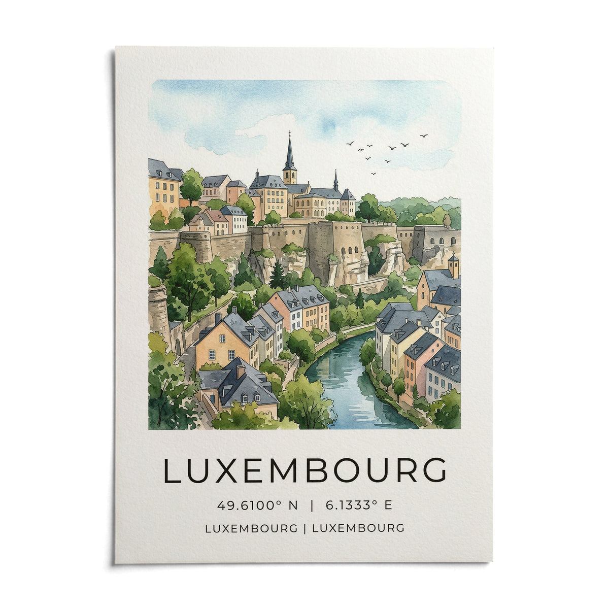 Luxembourg City Wall Art, shown as an unframed paper print on a plain white background
