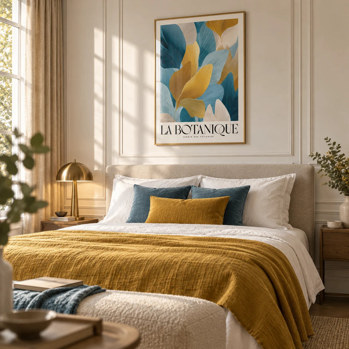Luxurious Wall Art, framed on the wall of an elegant bedroom with a warm white panelled wall