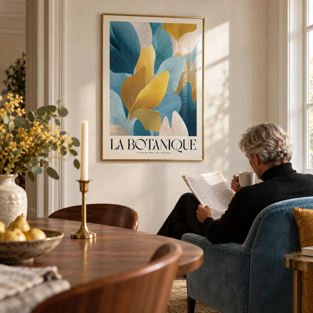 Luxurious Wall Art, framed on the wall of an elegant dining room with a cream wall