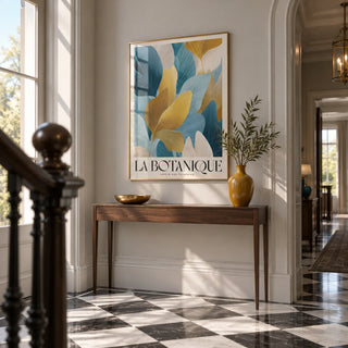 Luxurious Wall Art, framed on the wall of a grand hallway with a pale grey wall and a black and white chequer floor