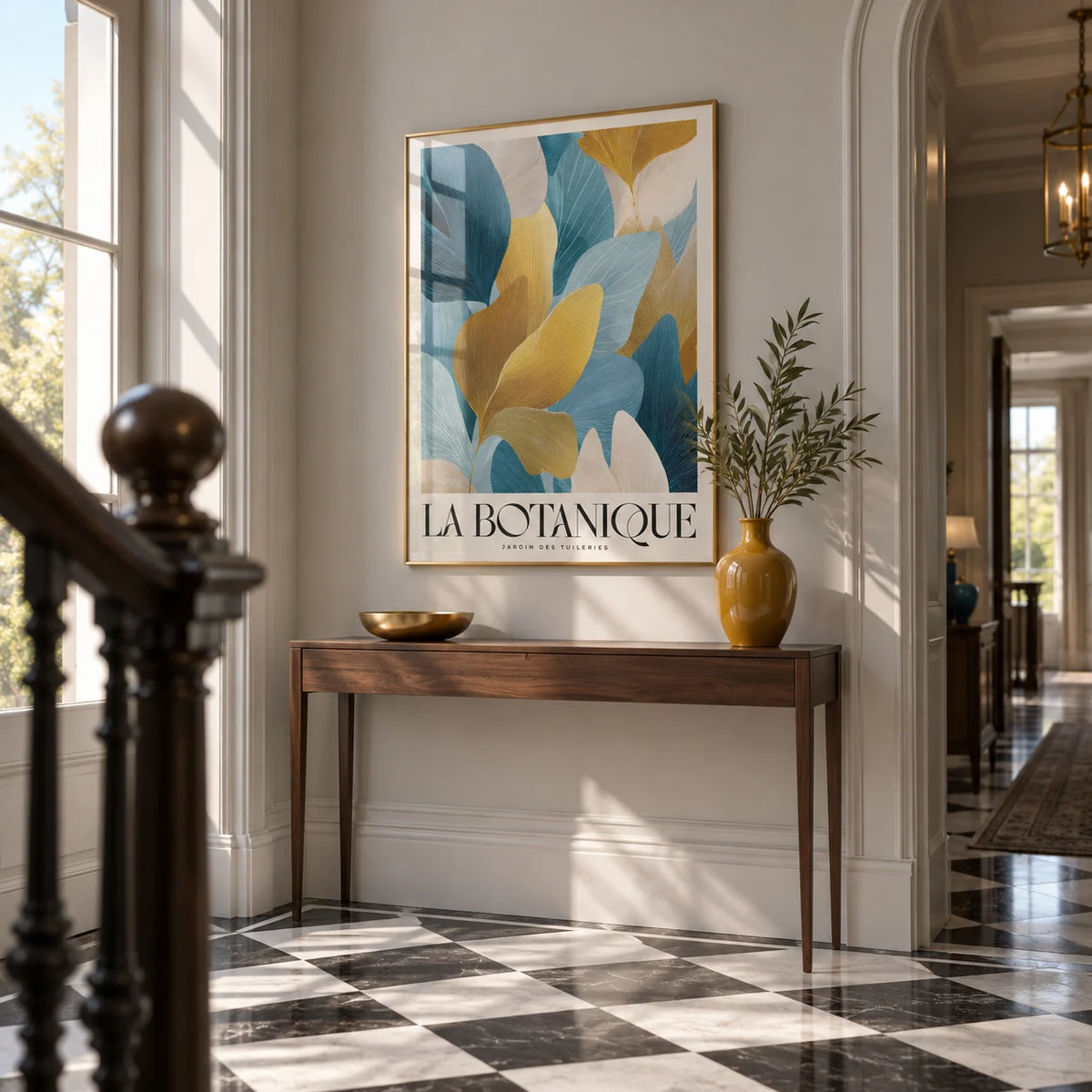 Luxurious Wall Art, framed on the wall of a grand hallway with a pale grey wall and a black and white chequer floor