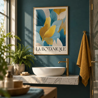 Luxurious Wall Art, framed on the wall of a smart bathroom with a deep teal painted wall and a white basin on a marble shelf
