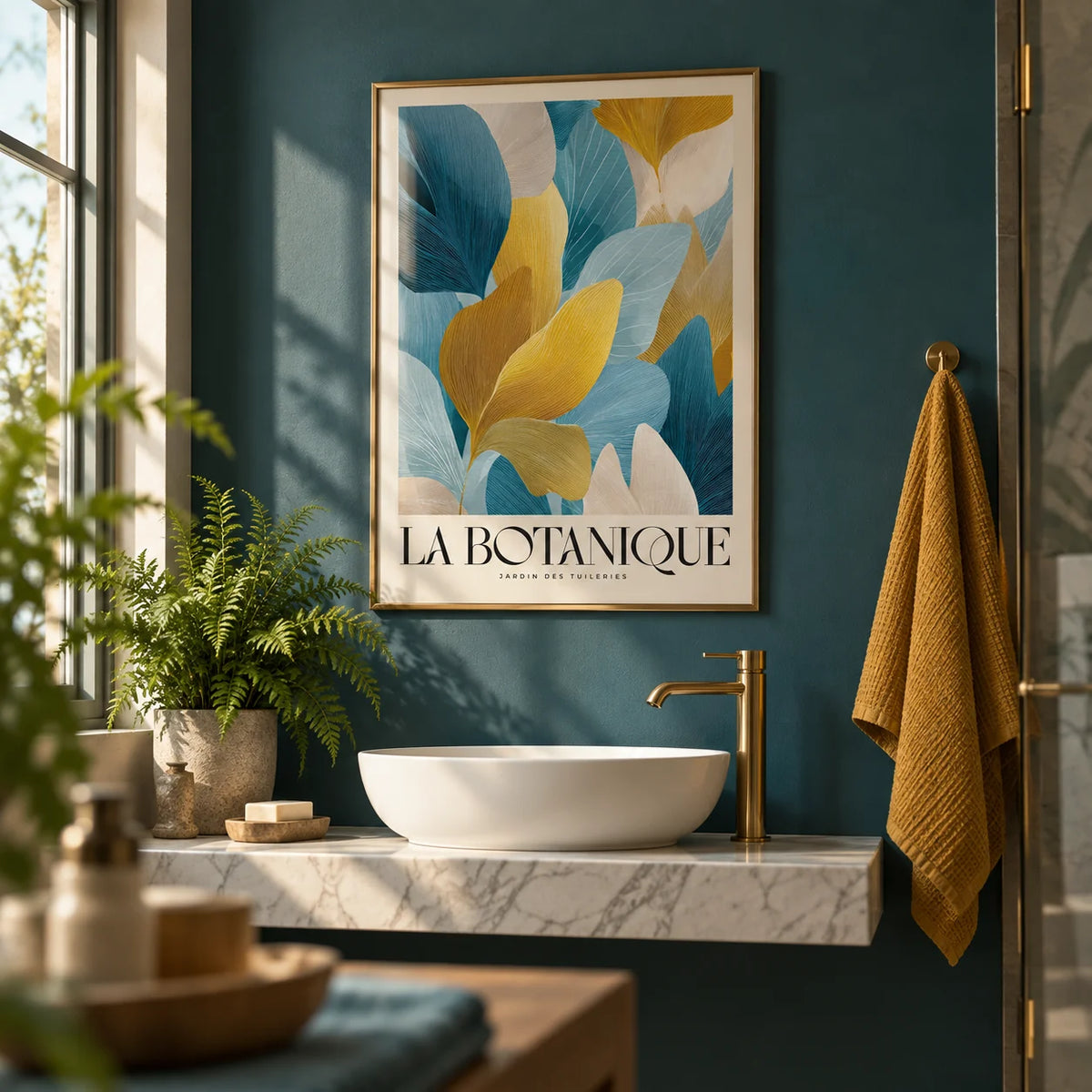 Luxurious Wall Art, framed on the wall of a smart bathroom with a deep teal painted wall and a white basin on a marble shelf