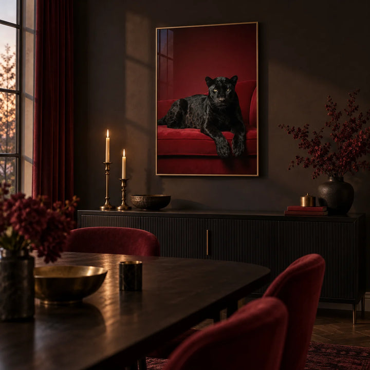 Luxury Panther Art, framed on the wall of a dark dining room at dusk