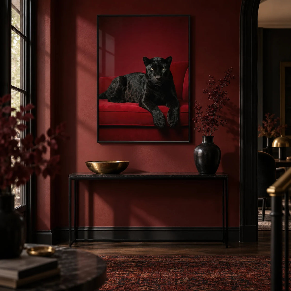 Luxury Panther Art, framed on the wall of a dramatic dark hallway with an oxblood painted wall