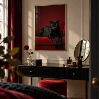 Luxury Panther Art, framed on the wall of an elegant dressing room